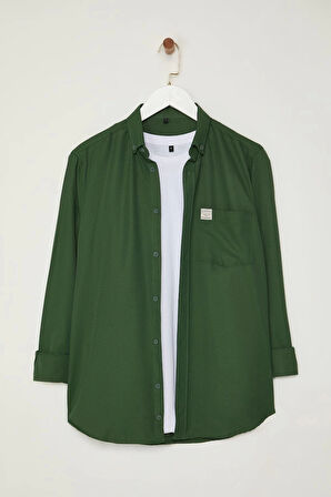 Moda Gömlek Yaka Düz Uzun Kol Regular Fit Etiket Detaylı Şambre Kolay Ütülenebilir Gömlek