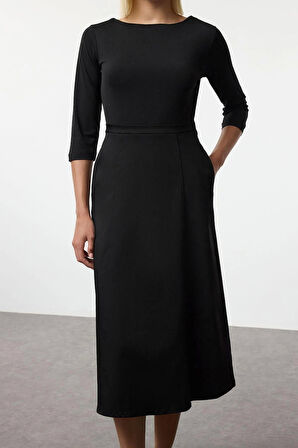 Kadın Moda Şık Midi Boy Bisiklet Yaka Regular Belden Açılan Kumaş Mixli Dokuma Elbise