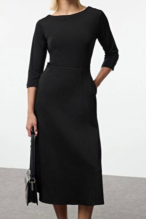 Kadın Moda Şık Midi Boy Bisiklet Yaka Regular Belden Açılan Kumaş Mixli Dokuma Elbise