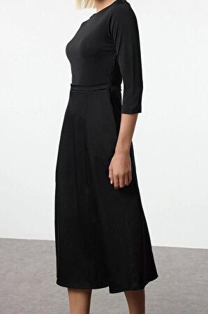 Kadın Moda Şık Midi Boy Bisiklet Yaka Regular Belden Açılan Kumaş Mixli Dokuma Elbise