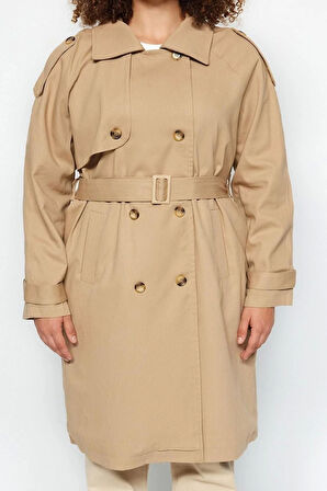 Kadın Büyük Beden Moda Şık Oversize Ceket Yaka Uzun Düz Astarlı Kemerli Gabardin Mevsimlik Trençkot