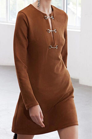 Kadın Moda Mini Boy Bisiklet Yaka Regular Limited Edition Aksesuar Detaylı Süet Kışlık Dokuma Elbise