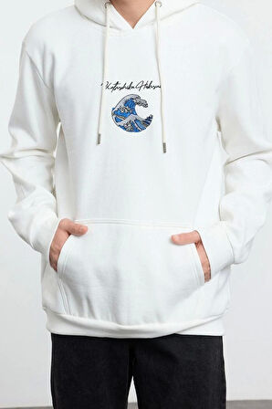 Kadın Moda Şık Bol Kapüşonlu Standart Kol Regular Hokusai Lisans Unıex Normal Kesim Sweatshirt