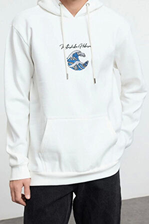 Kadın Moda Şık Bol Kapüşonlu Standart Kol Regular Hokusai Lisans Unıex Normal Kesim Sweatshirt