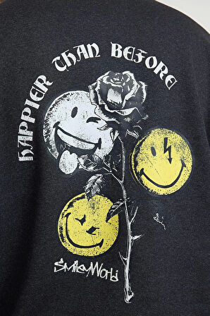 Kadın Moda Şık Bol Bisiklet Yaka Standart Kol Regular Smiley Lisans Unısex Geniş Kesim Sweatshirt