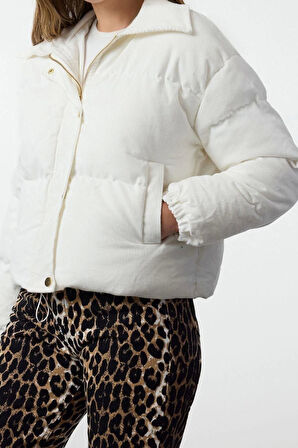 Kadın Moda Şık Oversize Gömlek Yaka Standart Düz Astarlı Gömlek Yaka Fitilli Kadife Şişme Mont