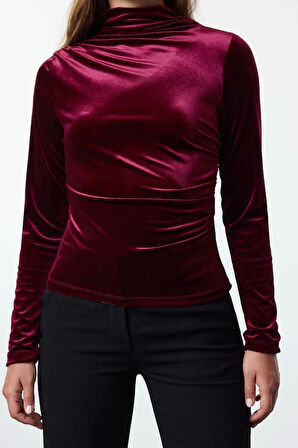 Kadın Moda Şık Regular Dik Yaka Slim Kalıp Örme Kadife Drapeli Fitted Vücuda Oturan Boy Bluz