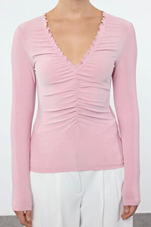 Kadın Moda Şık Üst Giyim Regular V Yaka Slim Kalıp Örme Büzgü Drape Detaylı Vücuda Oturan Esnek Bluz