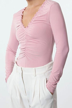 Kadın Moda Şık Üst Giyim Regular V Yaka Slim Kalıp Örme Büzgü Drape Detaylı Vücuda Oturan Esnek Bluz