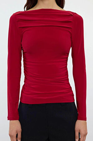 Kadın Moda Şık Üst Giyim Regular Kayık Yaka Slim Kalıp Örme Drapeli Vücuda Oturan Esnek Bluz