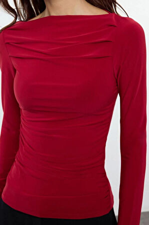 Kadın Moda Şık Üst Giyim Regular Kayık Yaka Slim Kalıp Örme Drapeli Vücuda Oturan Esnek Bluz