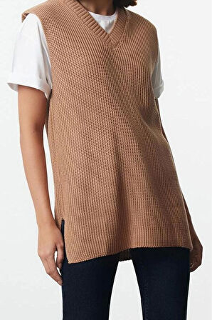 Kadın Moda Şık V Yaka Standart Kol Regular Basic Triko Süveter