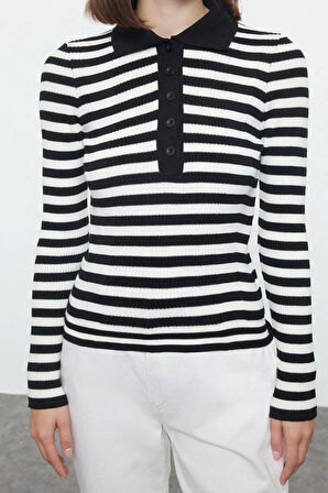 Kadın Moda Şık Polo Yaka Standart Kol Regular Basic Çizgili Triko Kazak