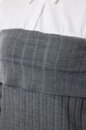 Kadın Tesettür Moda Şık Regular Kayık Yaka Uzun Kol Düz Gömlek Detaylı Triko Kazak