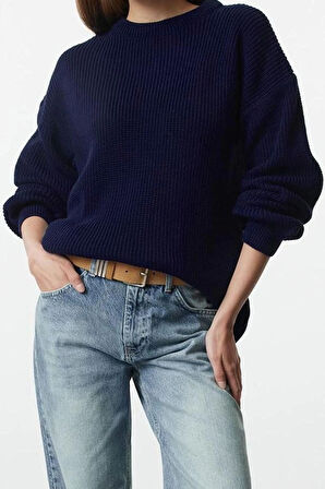 Kadın Moda Şık Bisiklet Yaka Standart Kol Regular Geniş Kalıp Fitilli Triko Kazak