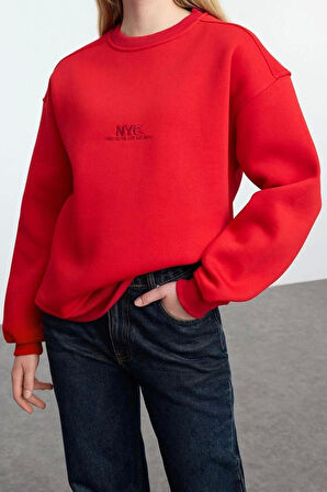 Kadın Oversize Bisiklet Yaka Düşük Kol Uzun Slogan Nakışlı Kalıp Kalın İçi Polarlı Örme Sweatshirt