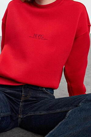 Kadın Oversize Bisiklet Yaka Düşük Kol Uzun Slogan Nakışlı Kalıp Kalın İçi Polarlı Örme Sweatshirt