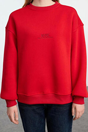 Kadın Oversize Bisiklet Yaka Düşük Kol Uzun Slogan Nakışlı Kalıp Kalın İçi Polarlı Örme Sweatshirt