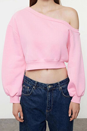 Kadın Asimetrik Yaka Balon Kol Crop Kalıp Kalın İçi Polarlı Crop Asimetrik Yaka Örme Sweatshirt