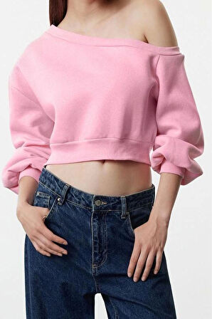 Kadın Asimetrik Yaka Balon Kol Crop Kalıp Kalın İçi Polarlı Crop Asimetrik Yaka Örme Sweatshirt