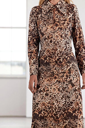 Kadın Moda Şık Maxi Boy Gömlek Yaka Regular Limited Edition Leoparlı Dokuma Elbise