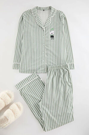 Kadın Moda Şık Büyük Beden Gömlek Yaka Boru Paça Uzun Kol Çizgili Biyeli Örme Pijama Takımı