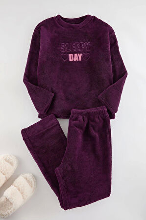 Kadın Moda Büyük Beden Bisiklet Yaka Dar Paça Uzun Kol Mor Kalpli Peluş Wellsoft Örme Pijama Takımı