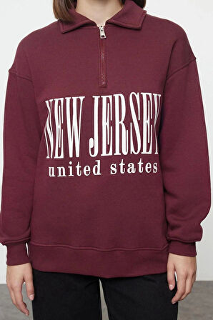 Kadın Oversize Fermuarlı Yaka Uzun Kalıp Kalın Polarlı Slogan Baskılı Fermuarlı Örme Sweatshirt