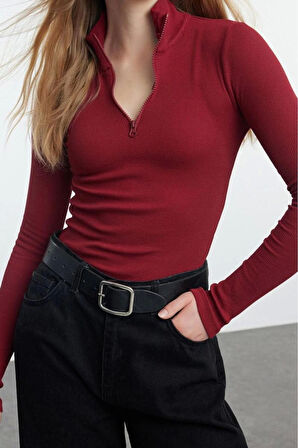 Kadın Moda Şık Üst Giyim Regular Fermuarlı Yaka Slim Kalıp Örme Fitted vücuda Oturan Esnek Bluz