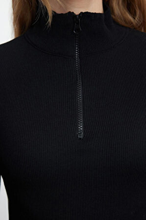 Kadın Moda Şık Üst Giyim Regular Fermuarlı Yaka Slim Kalıp Örme Fitted vücuda Oturan Esnek Bluz