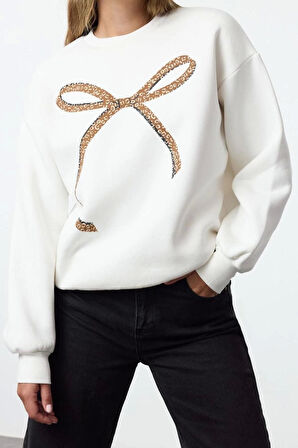 Kadın Moda Bol Bisiklet Yaka Düşük Kol Uzun Baskılı Geniş Kalıp Kalın İçi Polarlı Örme Sweatshirt