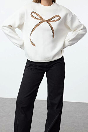 Kadın Moda Bol Bisiklet Yaka Düşük Kol Uzun Baskılı Geniş Kalıp Kalın İçi Polarlı Örme Sweatshirt