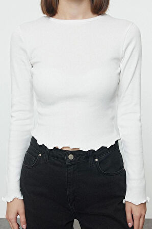 Kadın Moda Şık Üst Giyim Crop Bisiklet Yaka Slim Kalıp Örme Fitted Vücuda Oturan Fitilli Esnek Bluz