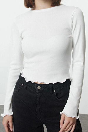 Kadın Moda Şık Üst Giyim Crop Bisiklet Yaka Slim Kalıp Örme Fitted Vücuda Oturan Fitilli Esnek Bluz