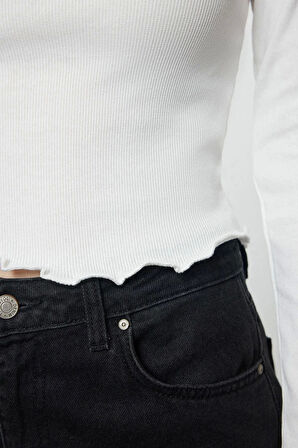 Kadın Moda Şık Üst Giyim Crop Bisiklet Yaka Slim Kalıp Örme Fitted Vücuda Oturan Fitilli Esnek Bluz