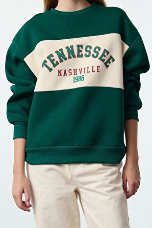 Kadın Moda Bol Bisiklet Yaka Düşük Kol Uzun Slogan Baskılı Kalıp Kalın İçi Polarlı Örme Sweatshirt