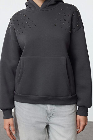 Kadın Moda Şık Relaxed Kapüşonlu Düşük Kol Uzun Taşlı Rahat Kalıp Kalın içi Polarlı Örme Sweatshirt