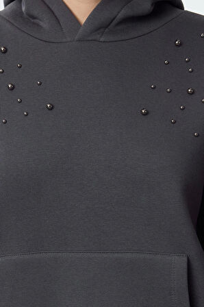 Kadın Moda Şık Relaxed Kapüşonlu Düşük Kol Uzun Taşlı Rahat Kalıp Kalın içi Polarlı Örme Sweatshirt