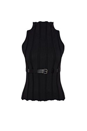 Kadın Moda Şık Dik Yaka Standart Kol Regular Kemerli Triko Süveter