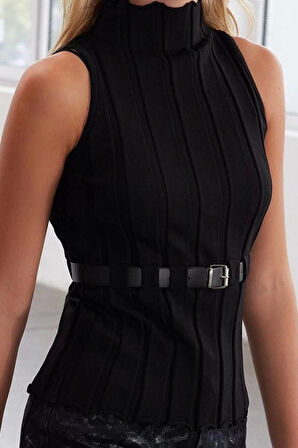 Kadın Moda Şık Dik Yaka Standart Kol Regular Kemerli Triko Süveter