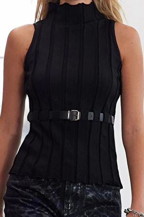 Kadın Moda Şık Dik Yaka Standart Kol Regular Kemerli Triko Süveter