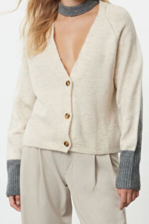 Kadın Moda Şık Regular V Yaka Regular Yumuşak Dokulu Renk Bloklu Triko Hırka