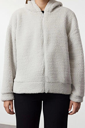 Kadın Moda Regular Kapüşonlu Düşük Kol Regular Peluş Normal Kalıp Fermuarlı Kalın Örme Sweatshirt