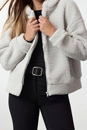 Kadın Moda Regular Kapüşonlu Düşük Kol Regular Peluş Normal Kalıp Fermuarlı Kalın Örme Sweatshirt