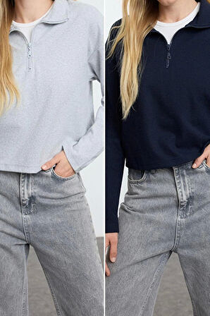 Kadın Fermuarlı Yaka Düşük Kol Bordo-Antrasit 2Li Paket Selanik Kalıp Fermuarlı Yaka Örme Sweatshirt