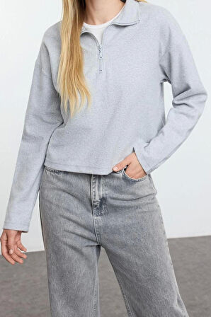 Kadın Fermuarlı Yaka Düşük Kol Bordo-Antrasit 2Li Paket Selanik Kalıp Fermuarlı Yaka Örme Sweatshirt