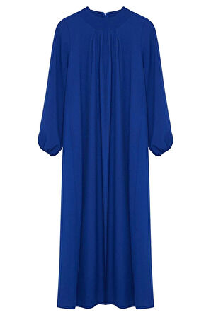 Kadın Moda Şık Tesettür Maxi Boy Bisiklet Yaka Relaxed Rahat Kesim Balon Kollu Aerobin Dokuma Elbise