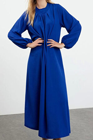 Kadın Moda Şık Tesettür Maxi Boy Bisiklet Yaka Relaxed Rahat Kesim Balon Kollu Aerobin Dokuma Elbise