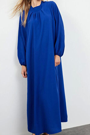 Kadın Moda Şık Tesettür Maxi Boy Bisiklet Yaka Relaxed Rahat Kesim Balon Kollu Aerobin Dokuma Elbise