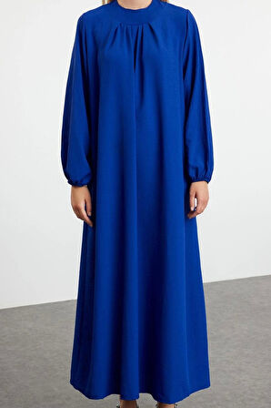 Kadın Moda Şık Tesettür Maxi Boy Bisiklet Yaka Relaxed Rahat Kesim Balon Kollu Aerobin Dokuma Elbise